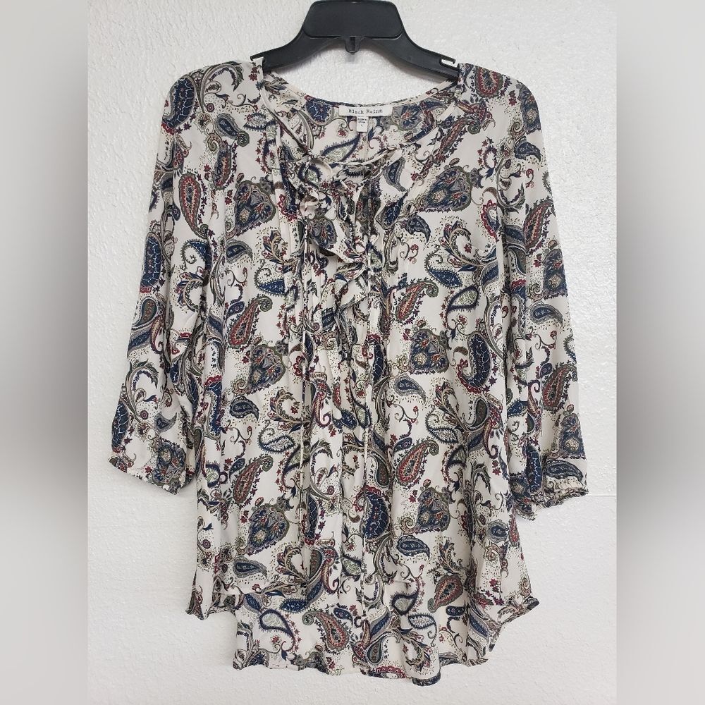 Black Rainn Paseley Blouse with Lace Up Tie and V panel on the back Size S